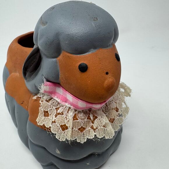 Vintage 90s Ceramic Sheep Lamb Planter with Lace Neck - Picture 7 of 9